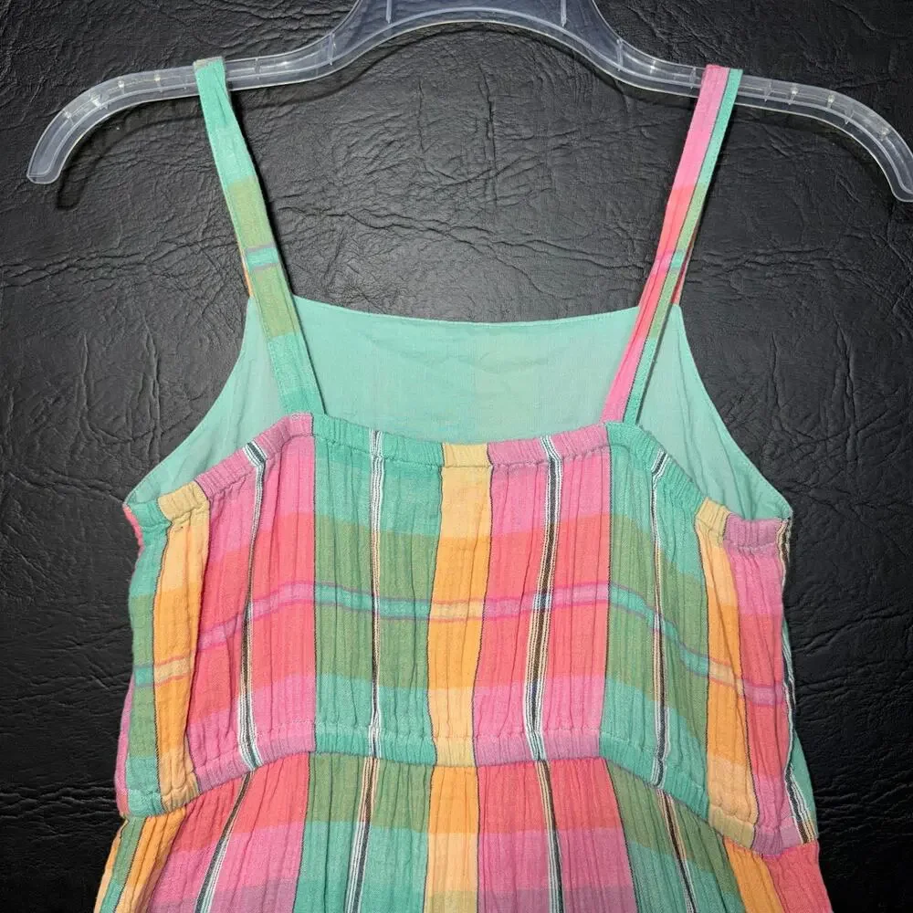 Gap Girls Tiered Midi Sundress Sleeveless Pastel Plaid Lagoon Print Pink Green